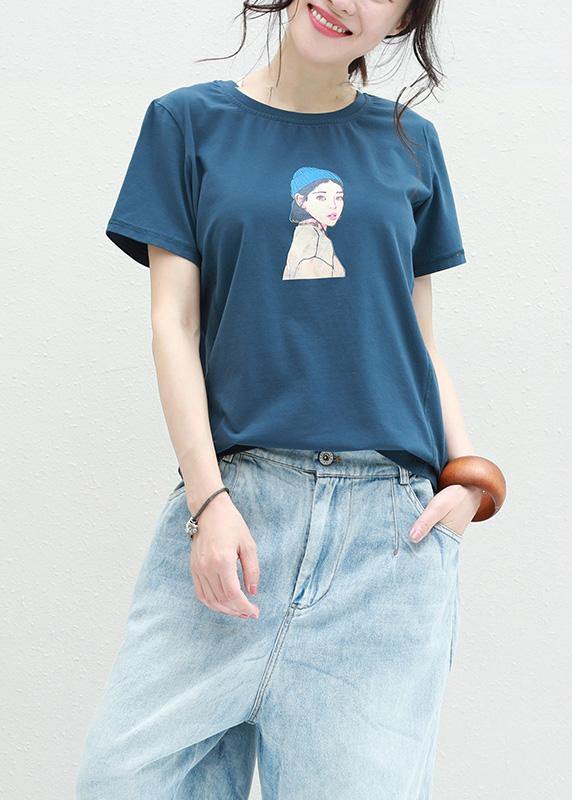 Loose Blue O Neck Cotton Clothes for Neckline Cartoon Print Blouses Summer