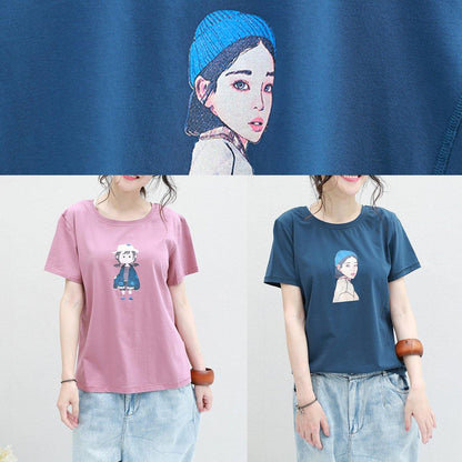Loose Blue O Neck Cotton Clothes for Neckline Cartoon Print Blouses Summer