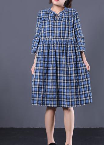 Loose Blue Plaid Cotton Tunic Dress V Neck a Line Summer Dress
