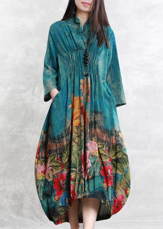Loose Blue Print Clothes for Cinched Asymmetric Dresses