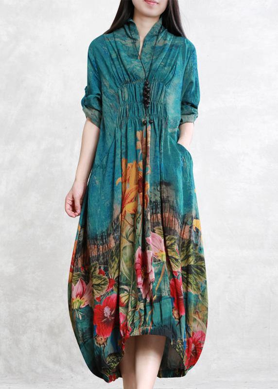 Loose Blue Print Clothes for Cinched Asymmetric Dresses