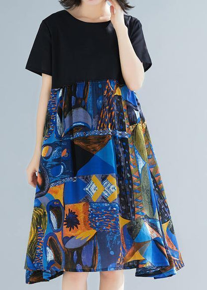 Loose Blue Prints Cotton Linen Dresses Patchwork Oversized Summer Dress