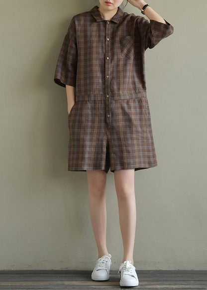 Loose Brown Plaid Linen Lapel Jumpsuit Pants Short Summer