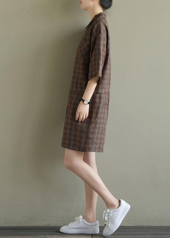 Loose Brown Plaid Linen Lapel Jumpsuit Pants Short Summer