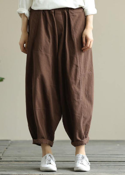 Loose Brown Elastic Waist Harem Pants