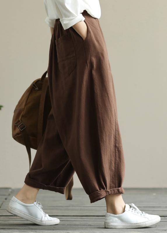 Loose Brown Elastic Waist Harem Pants