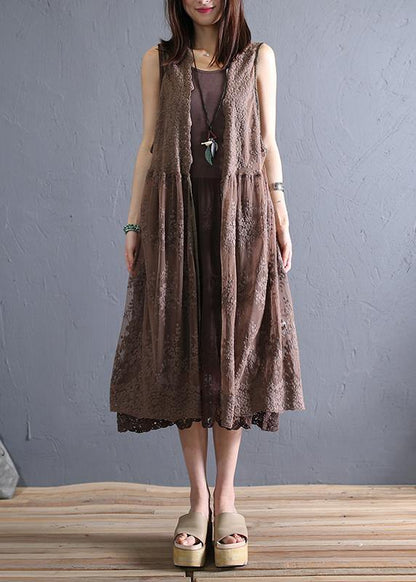 Loose Chocolate Cotton Outfit O Neck Sleeveless Robe Dresses