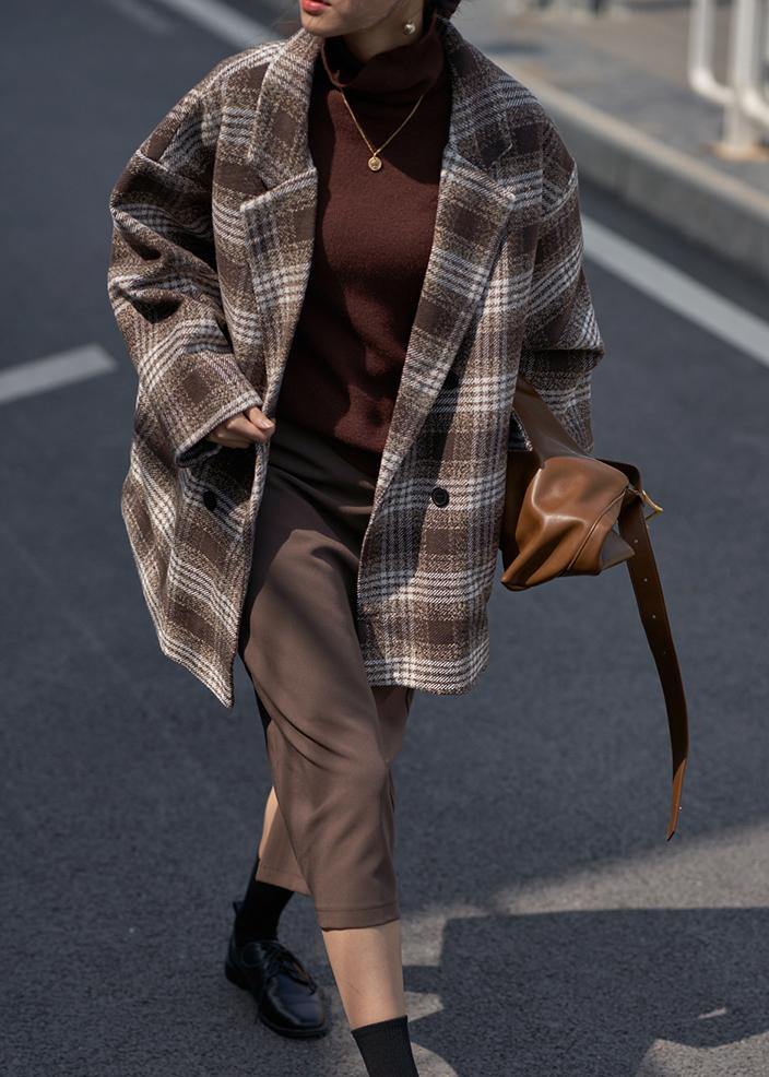 Loose Chocolate Plaid Fine Trench Coat Wardrobes Notched Double Breast Wool Jackets