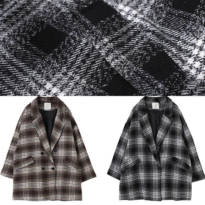 Loose Chocolate Plaid Fine Trench Coat Wardrobes Notched Double Breast Wool Jackets