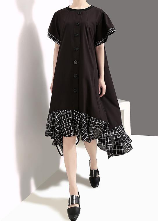Loose Cotton Quilting Clothes Plaid Splided Loose Flare Sleeve Dress