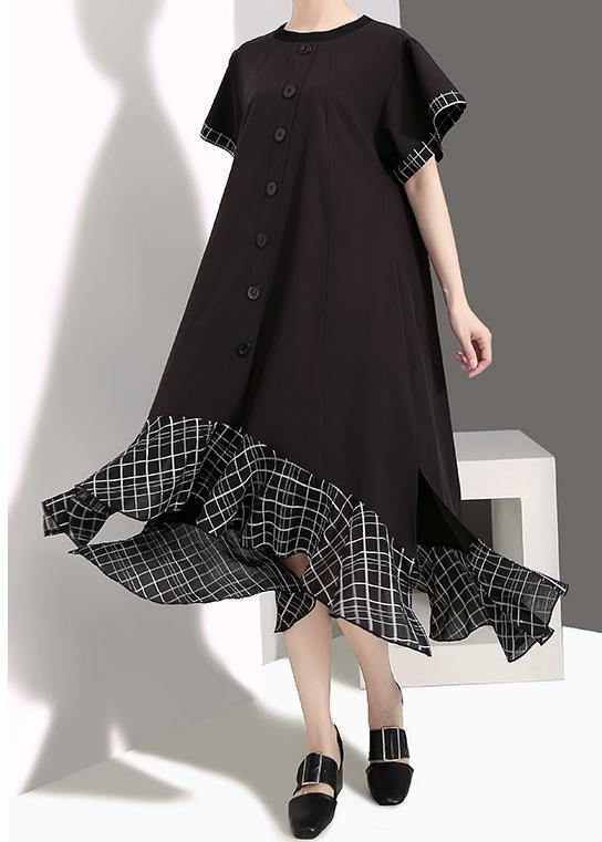 Loose Cotton Quilting Clothes Plaid Splided Loose Flare Sleeve Dress