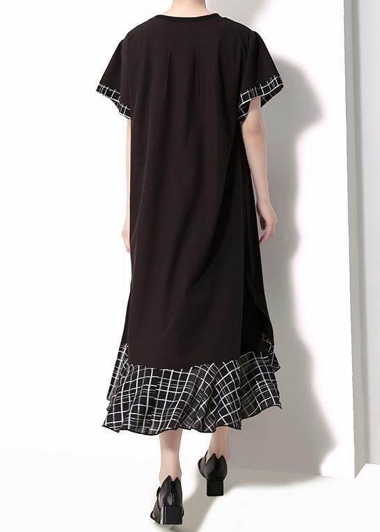 Loose Cotton Quilting Clothes Plaid Splided Loose Flare Sleeve Dress