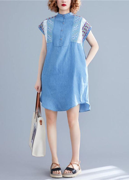 Loose Denim Blue Cotton Dresses Stand Collar Embroidery Tunic Summer Dresses
