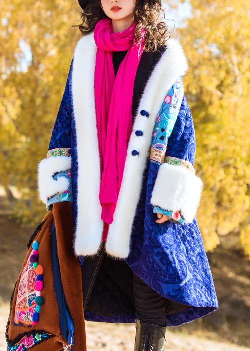 Loose Faux Fur Collar Fine Embroidery Outfit Blue Dresses Outwears