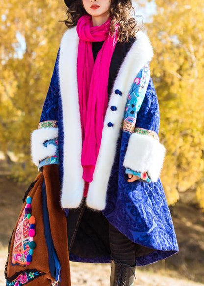 Loose Faux Fur Collar Fine Embroidery Outfit Blue Dresses Outwears