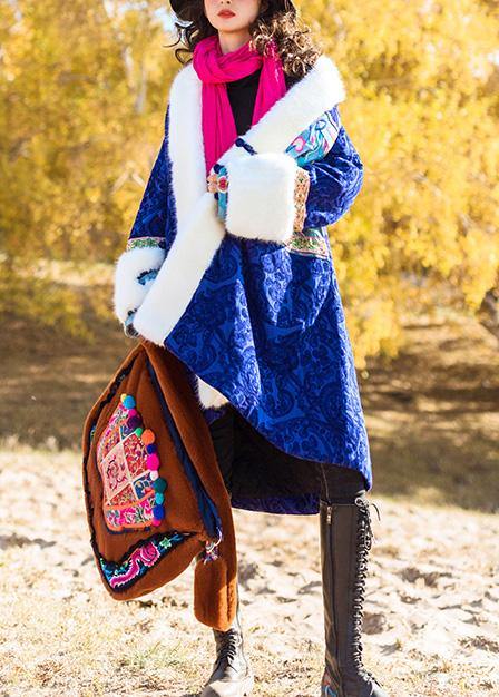 Loose Faux Fur Collar Fine Embroidery Outfit Blue Dresses Outwears