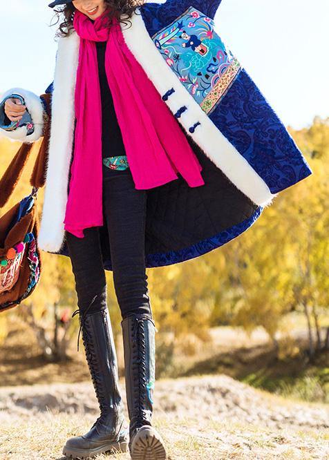 Loose Faux Fur Collar Fine Embroidery Outfit Blue Dresses Outwears