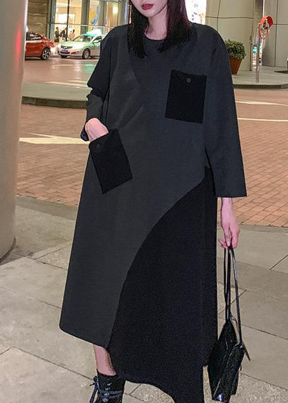 Loose Gray Cotton Dresses Patchwork Maxi Winter Dress