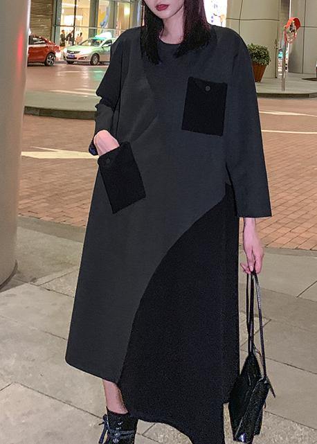 Loose Gray Cotton Dresses Patchwork Maxi Winter Dress