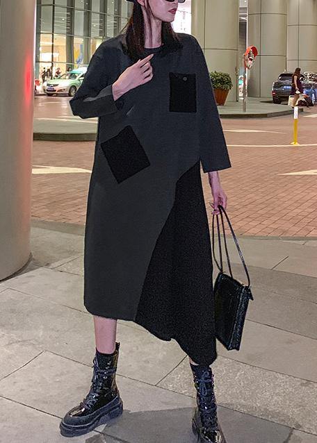 Loose Gray Cotton Dresses Patchwork Maxi Winter Dress