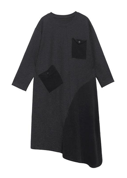Loose Gray Cotton Dresses Patchwork Maxi Winter Dress