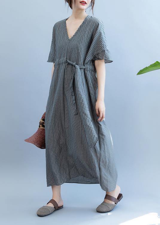 Loose Gray Plaid Clothes V Neck Drawstring Art Summer Dress