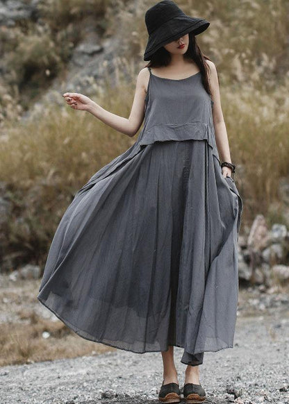 Loose Gray Sleeveless Linen Outfit Loose Waist Maxi Summer Dress
