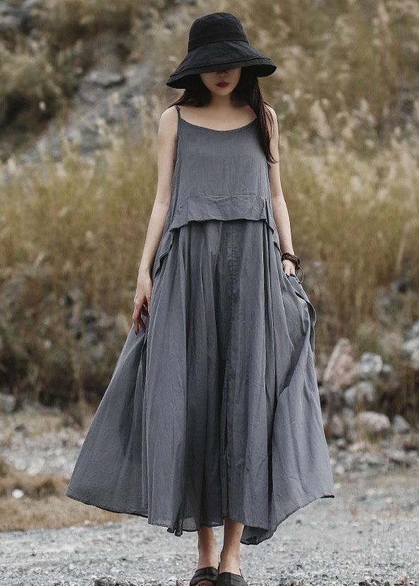 Loose Gray Sleeveless Linen Outfit Loose Waist Maxi Summer Dress