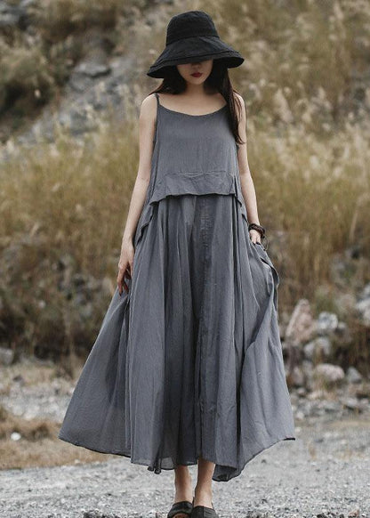 Loose Gray Sleeveless Linen Outfit Loose Waist Maxi Summer Dress