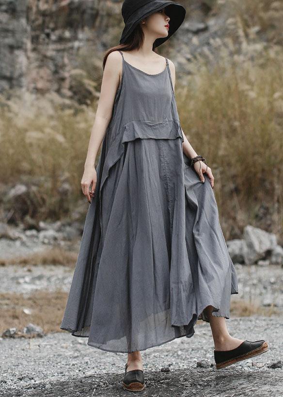 Loose Gray Sleeveless Linen Outfit Loose Waist Maxi Summer Dress