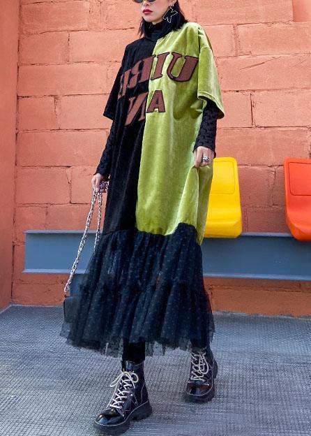 Loose Green Clothes O Neck Patchwork Tulle Robes Spring Dresses
