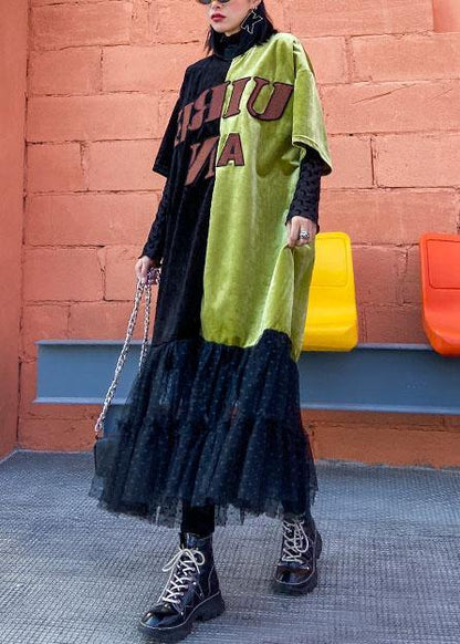 Loose Green Clothes O Neck Patchwork Tulle Robes Spring Dresses