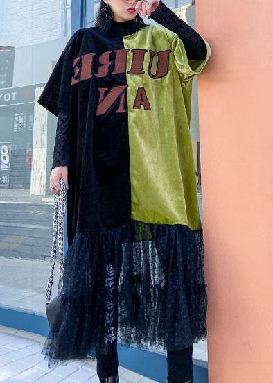 Loose Green Clothes O Neck Patchwork Tulle Robes Spring Dresses