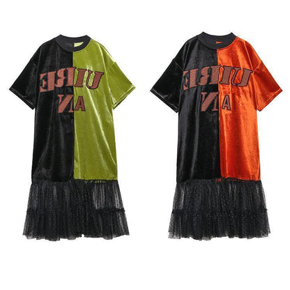 Loose Green Clothes O Neck Patchwork Tulle Robes Spring Dresses