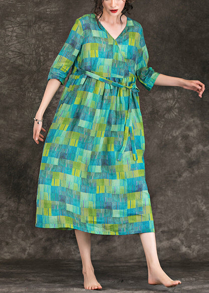 Loose Green Linen Clothes Fabrics V Neck Tie Waist Linen Robes Summer Dress