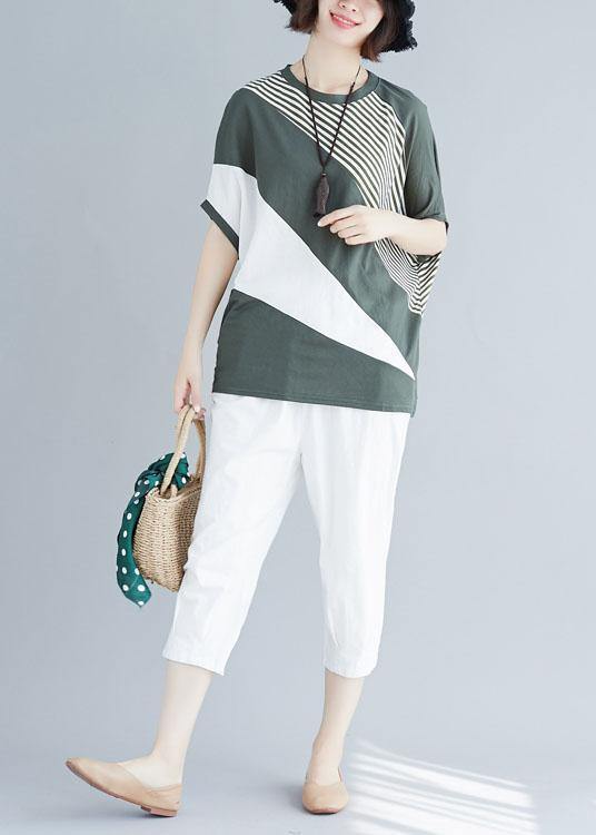 Loose Green Patchwork Cotton Tunic Top O Neck Art Summer Blouses
