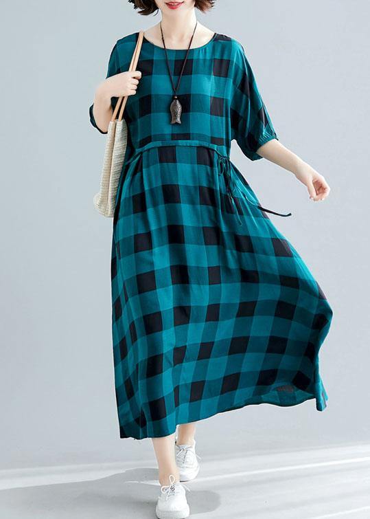 Loose Green Plaid Cotton Dress Half Sleeve Dresses Summer Dresses