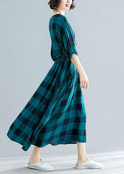 Loose Green Plaid Cotton Dress Half Sleeve Dresses Summer Dresses