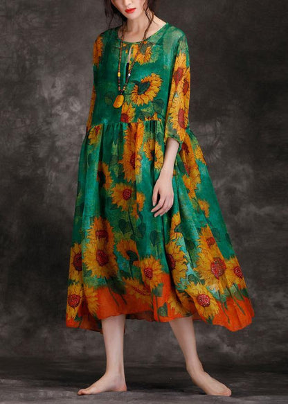Loose Green Print Clothes for O Neck Cinched Maxi Summer Dresses