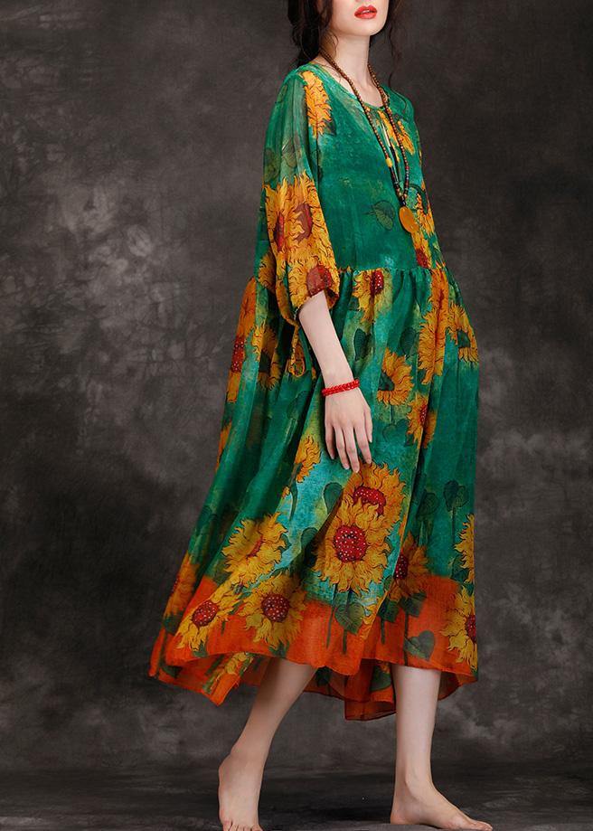 Loose Green Print Clothes for O Neck Cinched Maxi Summer Dresses