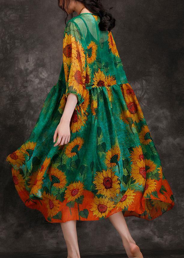 Loose Green Print Clothes for O Neck Cinched Maxi Summer Dresses