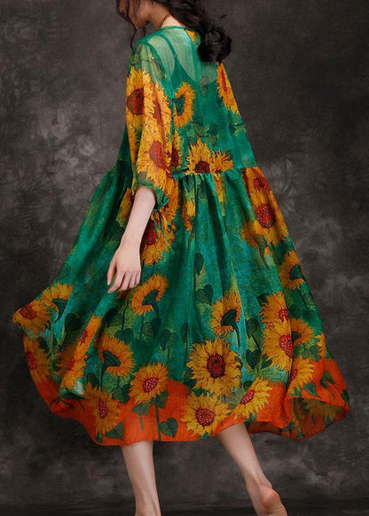 Loose Green Print Clothes for O Neck Cinched Maxi Summer Dresses