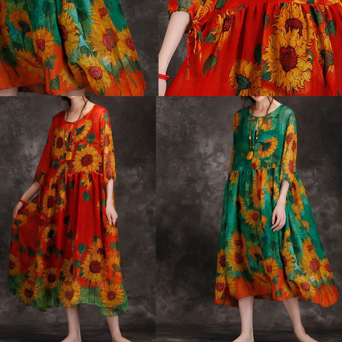 Loose Green Print Clothes for O Neck Cinched Maxi Summer Dresses