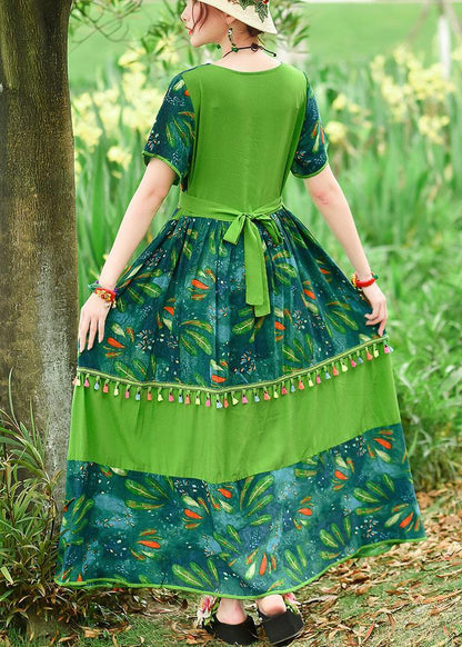 Loose Green Print Cotton Tunics O Neck Patchwork Tassel Art Summer Dresses