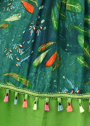 Loose Green Print Cotton Tunics O Neck Patchwork Tassel Art Summer Dresses
