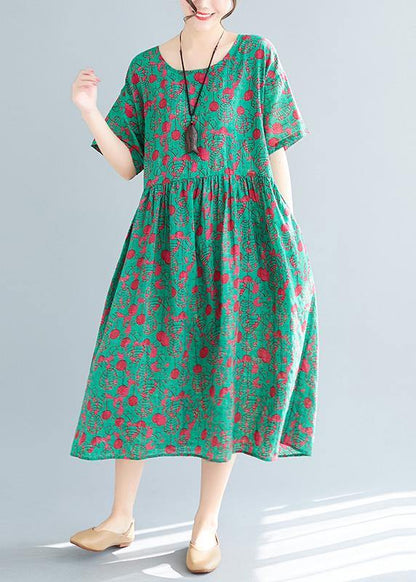 Loose Green Print Cotton Linen Dresses Inspiration O Neck Pockets Dresses Summer Dress