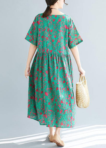 Loose Green Print Cotton Linen Dresses Inspiration O Neck Pockets Dresses Summer Dress