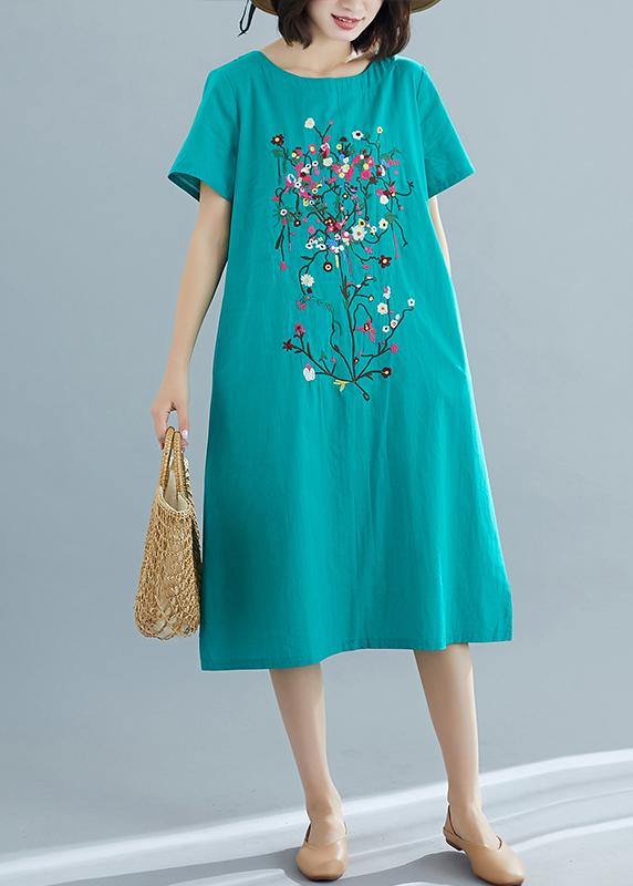 Loose Green Prints Cotton Dresses Pattern O Neck Summer Dresses