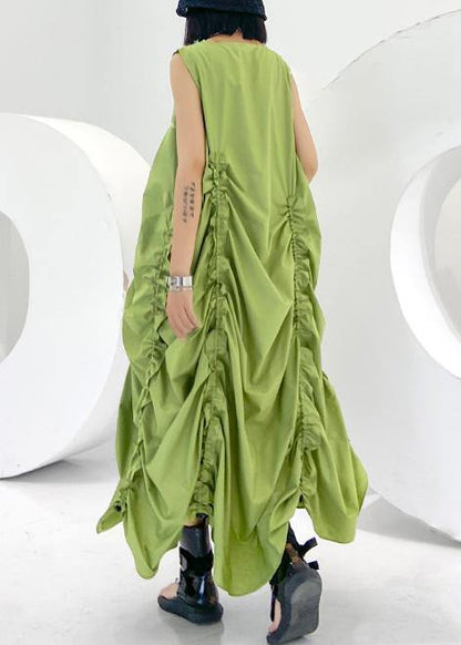 Loose Green Cinched Cotton Dresses O Neck Sleeveless Maxi Dresses