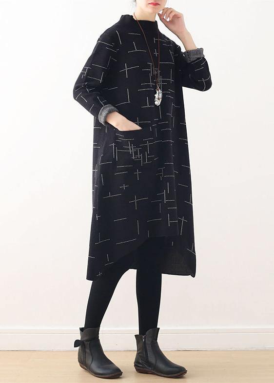 Loose High Neck Fallclothes Linen Black Plaid Dress